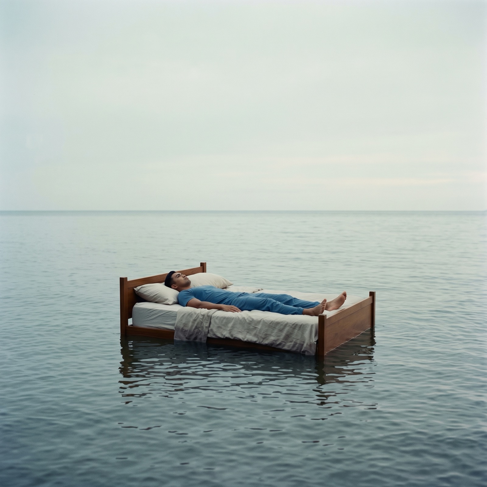 Lying on a bed floating in open sea