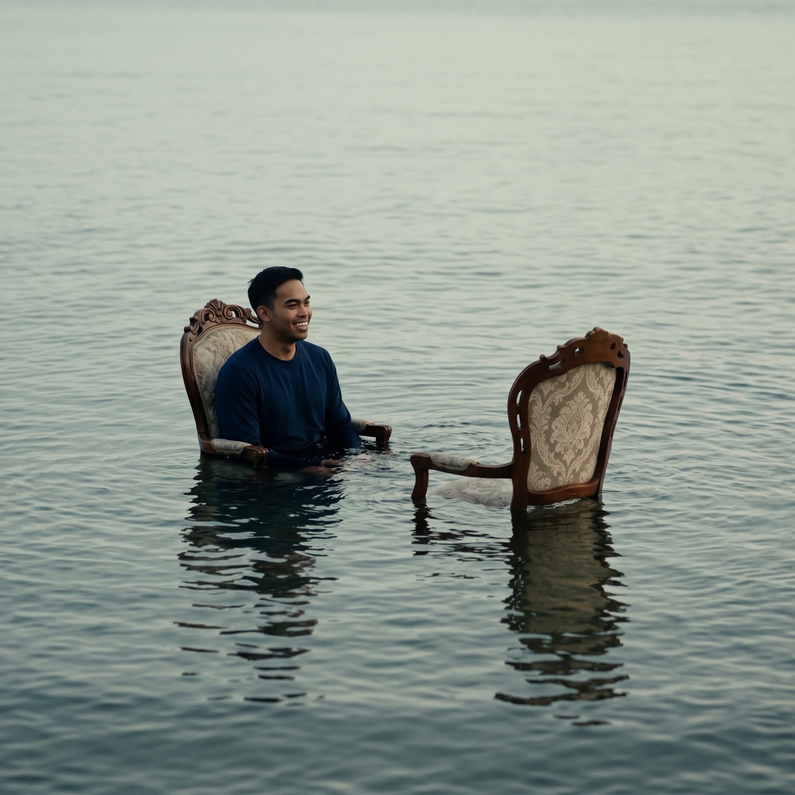 Two armchairs half-submerged in calm water