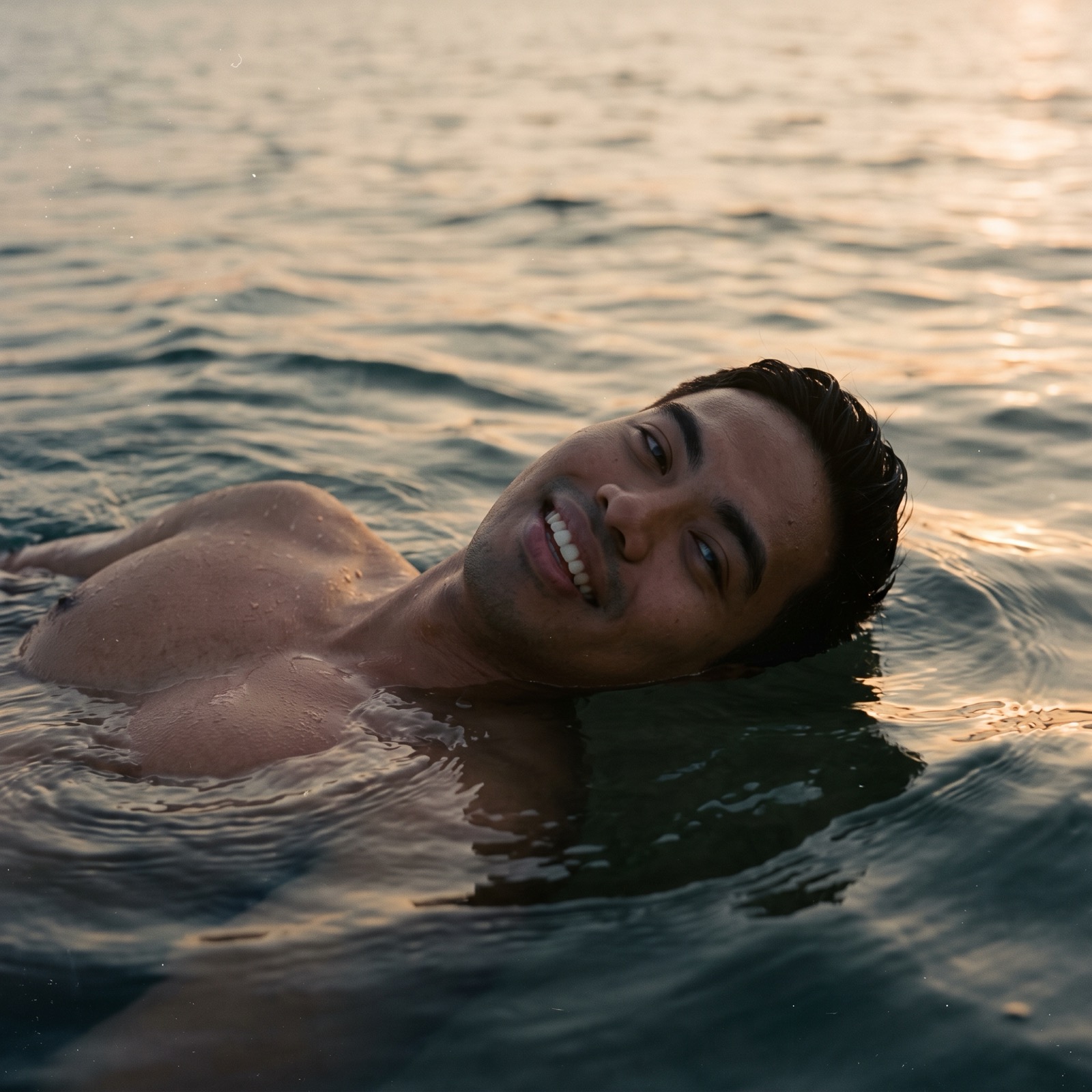 Ivan Solén reclining in open water at dusk
